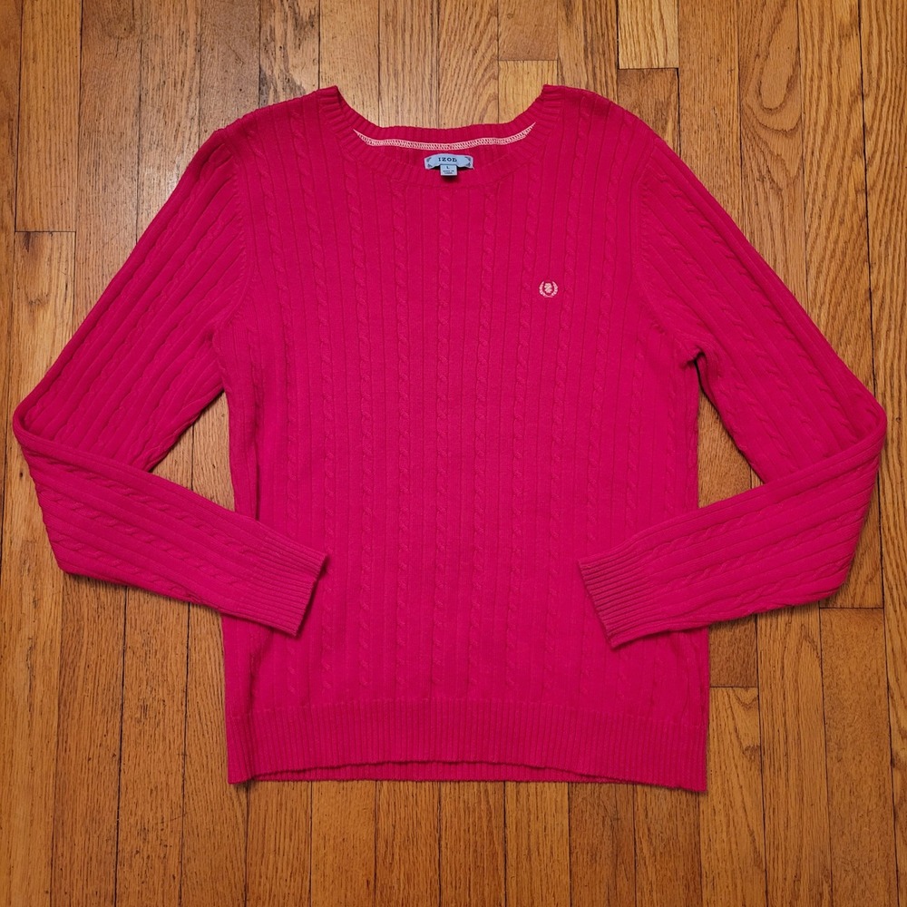 IZOD‎ Cable Knit Sweater Crew Neck Long Sleeve Pink L Preppy Barbiecore Y2K